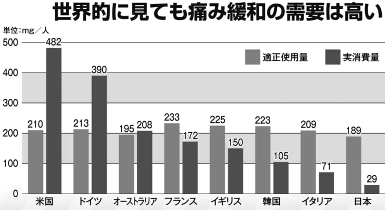 痛みを緩和する医療用麻薬の適正使用料と実消費量