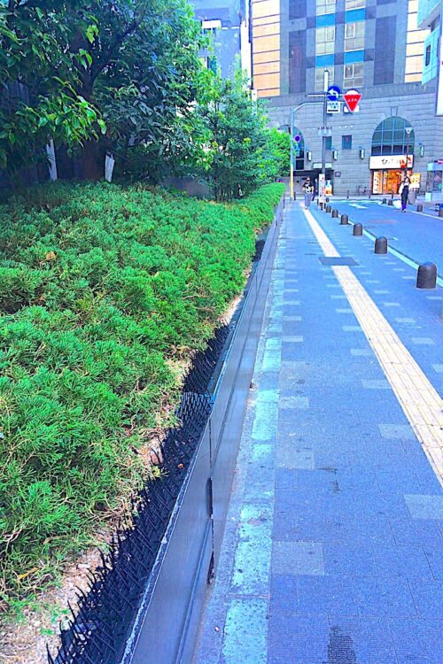 新宿東宝ビル近くの植え込みの縁に置かれた“鳥よけシート”（筆者撮影）