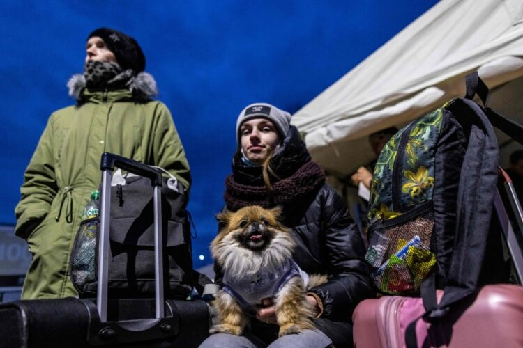 愛犬とともにウクライナから陸路で国境を越えてポーランドに逃れた避難民（AFP＝時事）