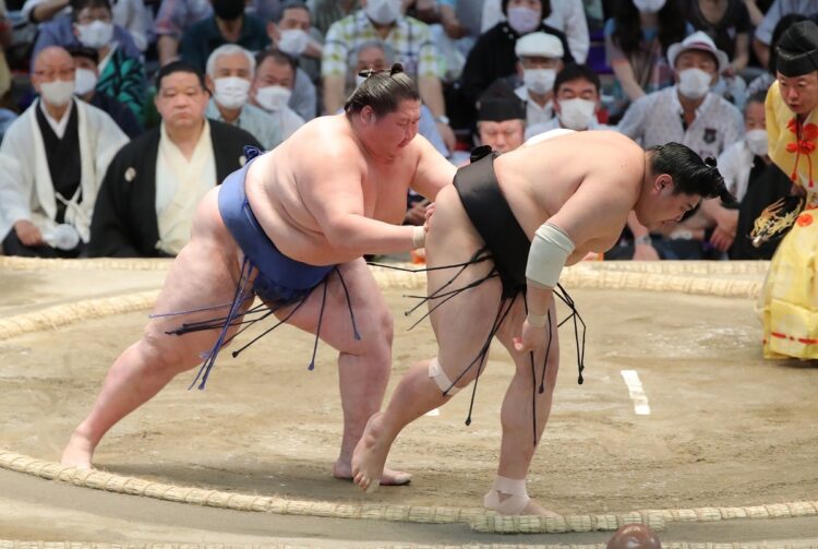 平幕優勝を果たした逸ノ城（左）は三役に昇進（時事通信フォト）