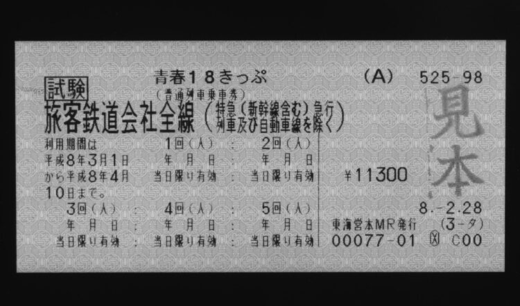 1996年、従来の5枚つづりから1枚の切符に5回分の使用期日が書き込まれるようになったJRの「青春18きっぷ」（時事通信フォト）