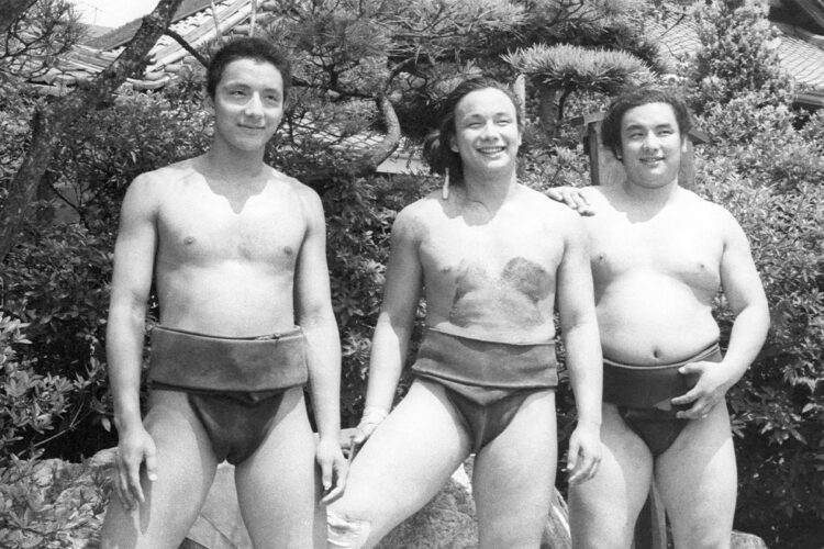 井筒部屋の３兄弟。右から、長男の鶴嶺山、次男の逆鉾、三男の寺尾（1979年撮影、時事通信フォト）