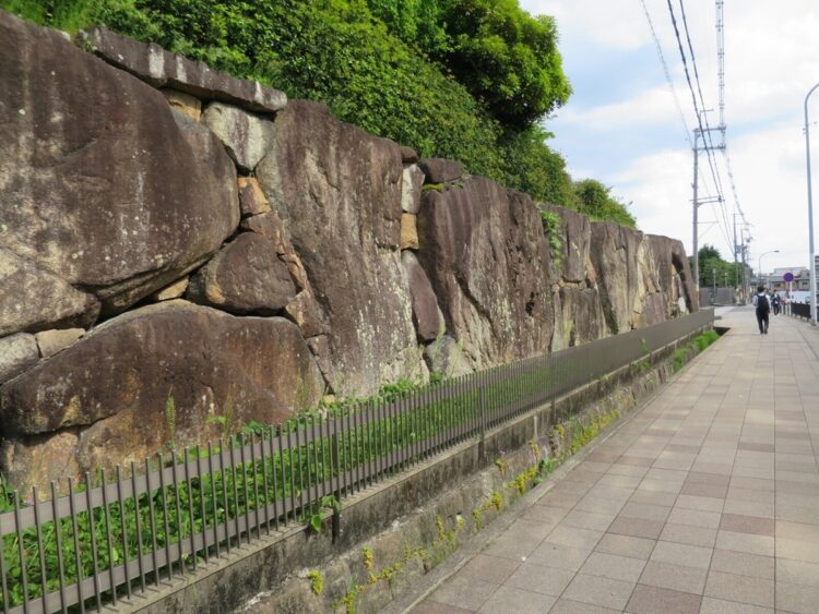 石一つが人間の身長ほどの巨大さを持つ石垣は桃山時代に豊臣秀吉がつくった方広寺の石垣の一部