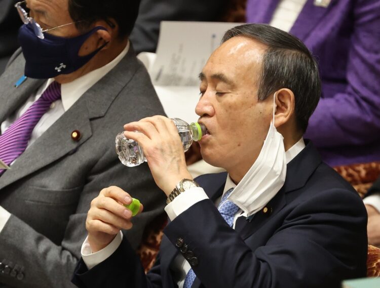 仕事中でも水分補給は必要。2021年、衆院予算委員会で水を飲む菅義偉首相（当時、時事通信フォト）