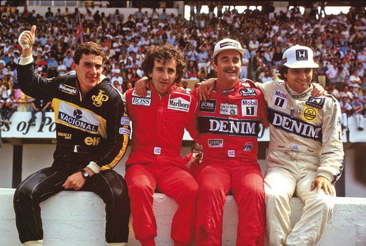 1980年代後半の「F1四天王」。左からセナ、アラン・プロスト、ナイジェル・マンセル、ネルソン・ピケ（写真／AFLO）