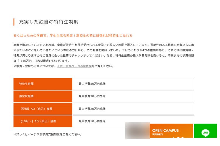 独自の特待生制度も設けられていた（同校HPより）