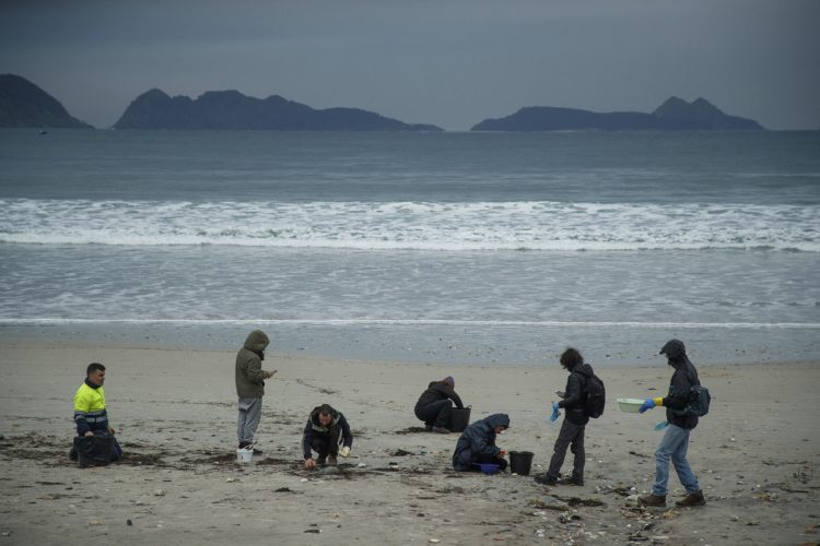 スペインの海岸でマイクロプラスチックを拾うボランティアたち（写真／アフロ）