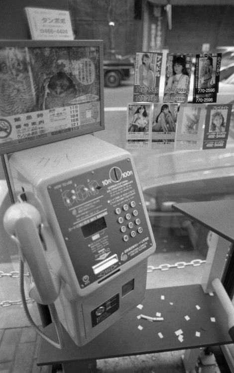 電話ボックスの中に張られたピンクチラシ。東京・港区新橋、1988年4月（時事通信フォト）
