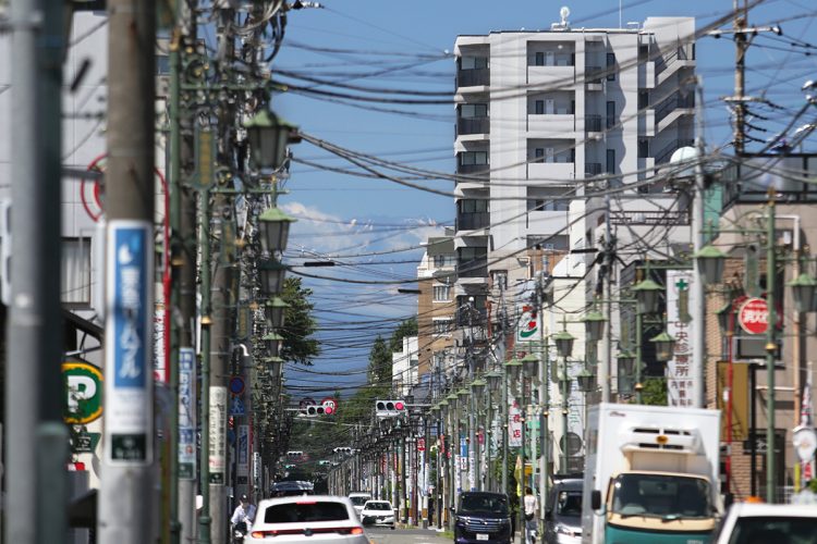 マンションで眺望が遮られる富士山（時事通信フォト）