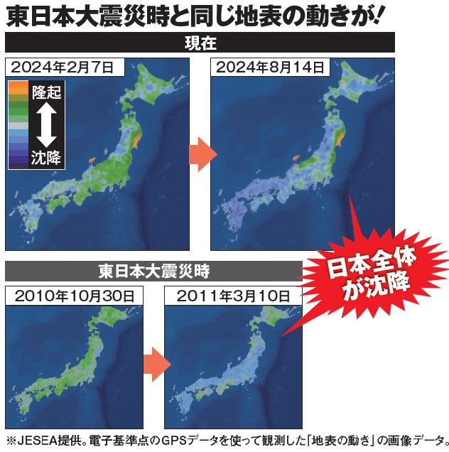 東日本大震災時と同じ地表の動きが