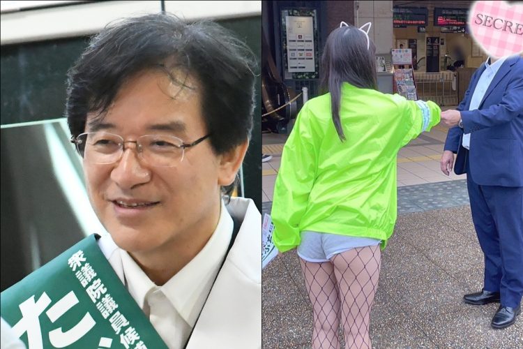 ボランティア女性の服装について話した田淵氏（左、右は女性のXより引用）