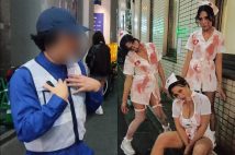 目撃されたニセ警備員️（左）。右は看護師のコスプレで訪れていた女性たち