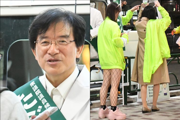 公選法違反で逮捕された田淵容疑者（左）。右は女性スタッフ