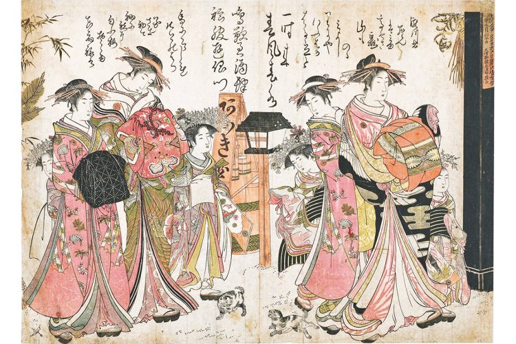 『青楼名君自筆集』 北尾政演（山東京伝）画：天明4（1784）年 版元：蔦屋重三郎 東京国立博物館。有名な遊女を10～15歳の禿（かむろ）らとともに描いた錦絵。上部には遊女直筆の狂歌などがそのまま彫られている。ColBasee（https://colbase.nich.go.jp）