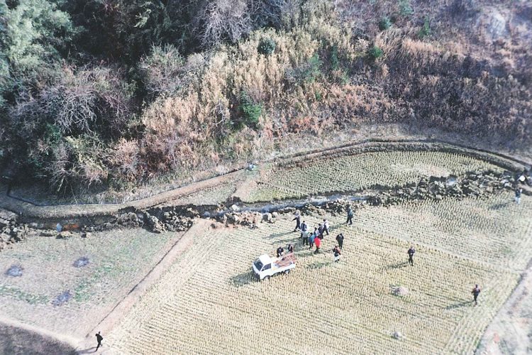 北淡町野島平林に生じた断層の空撮（提供：米山正幸さん）