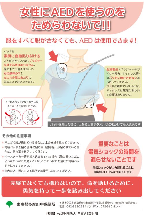 女性に配慮したAEDの使用方法等を記載した普及啓発資材（保険医療局の公式サイトより）