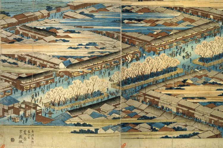 江戸時代の吉原（「東京名所新吉原五丁町弥生花盛全図」国立国会図書館蔵）