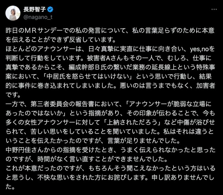 Xに投稿された謝罪文（長野智子のXより）